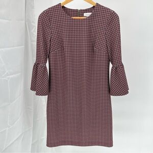 Calvin Klein Plaid Sheath Dress Size 8 Round Neck Ruffle Sleeves Black Red